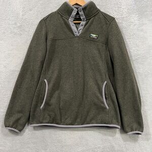 L.L.Bean Fleece Pullover Sweater Women Medium Green Snap Placket Kangaroo Pocket